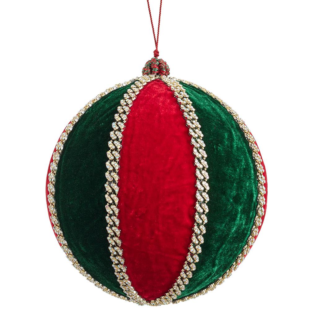 Red and green jewel velvet ball ornament with jewel accents.