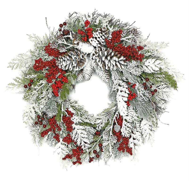 Snowy pinecone berry wreath, 28 inches