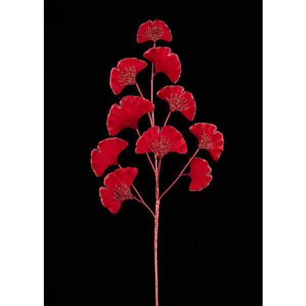 Red velvet glitter gingko spray with fan-shaped leaves.