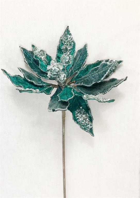 Teal icy poinsettia stem, 29 inch, for Christmas decorating