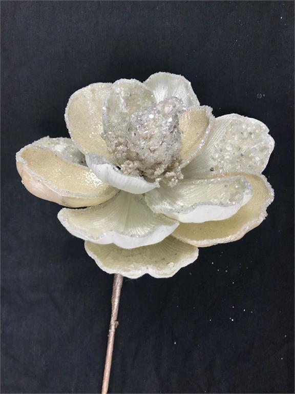 Pearl icy magnolia stem with frosted blooms.