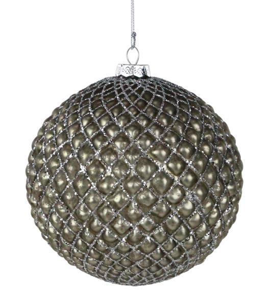 150mm Taupe & Silver Pleated Glass Ball Ornament
