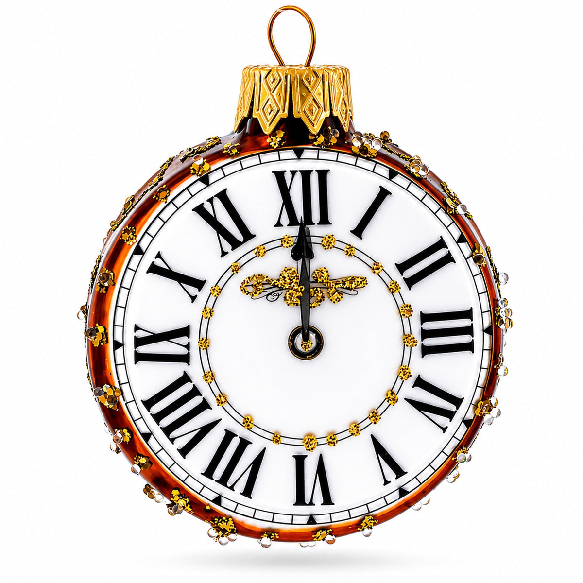 White glass clock ornament with Roman numerals and a gold rim.