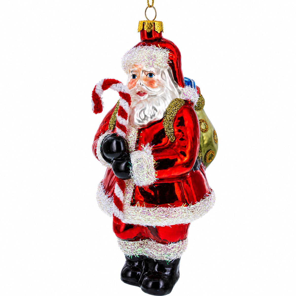 Red glass Santa ornament holding a peppermint candy cane.