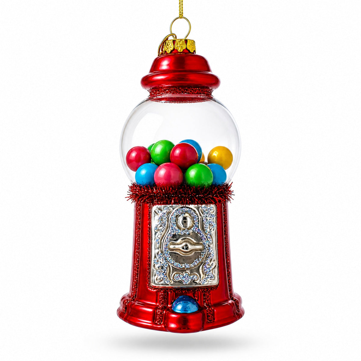 Red glass gumball machine ornament with multicolored gumballs in a clear globe.