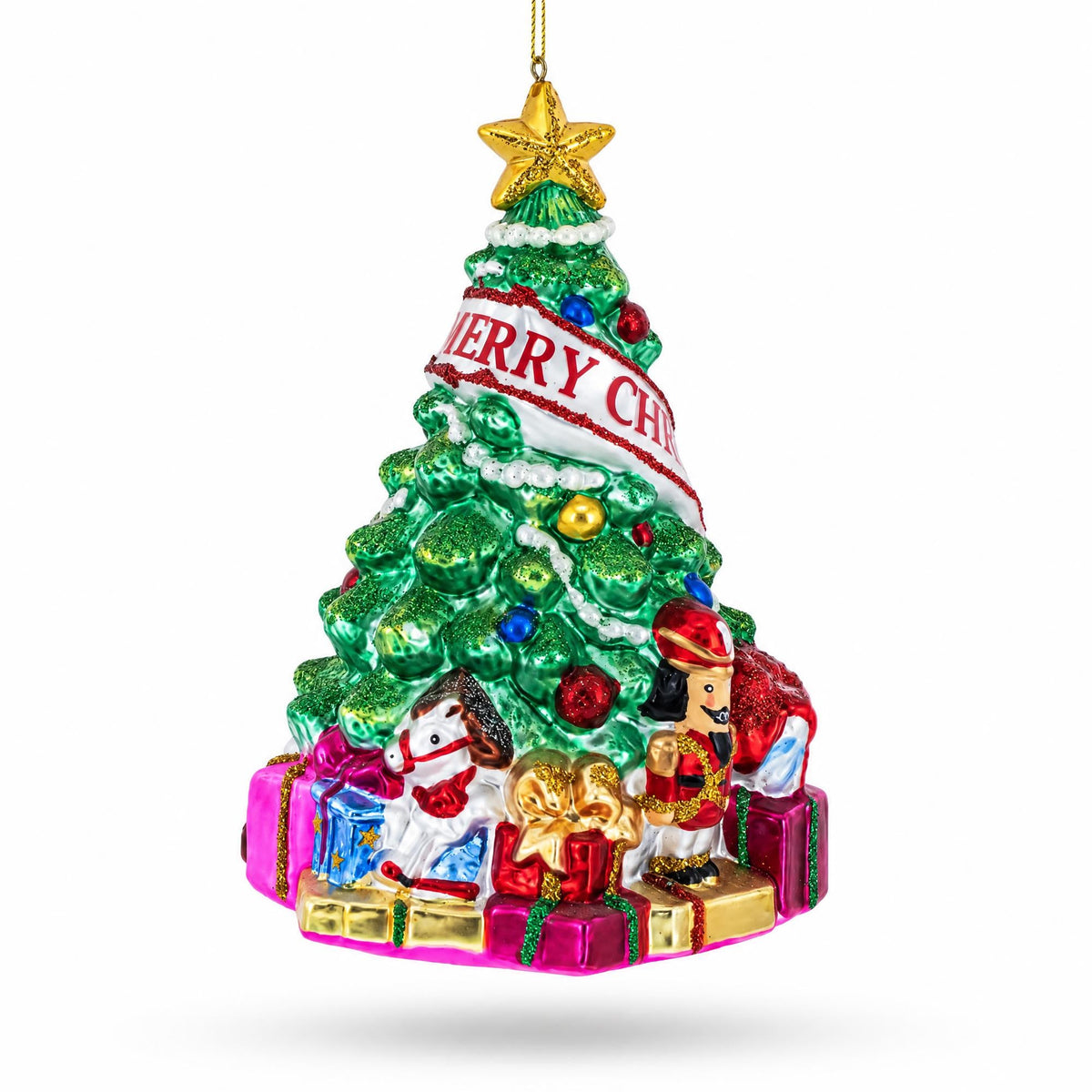 Green glass Christmas tree ornament with a Merry Christmas banner and gifts at the base.