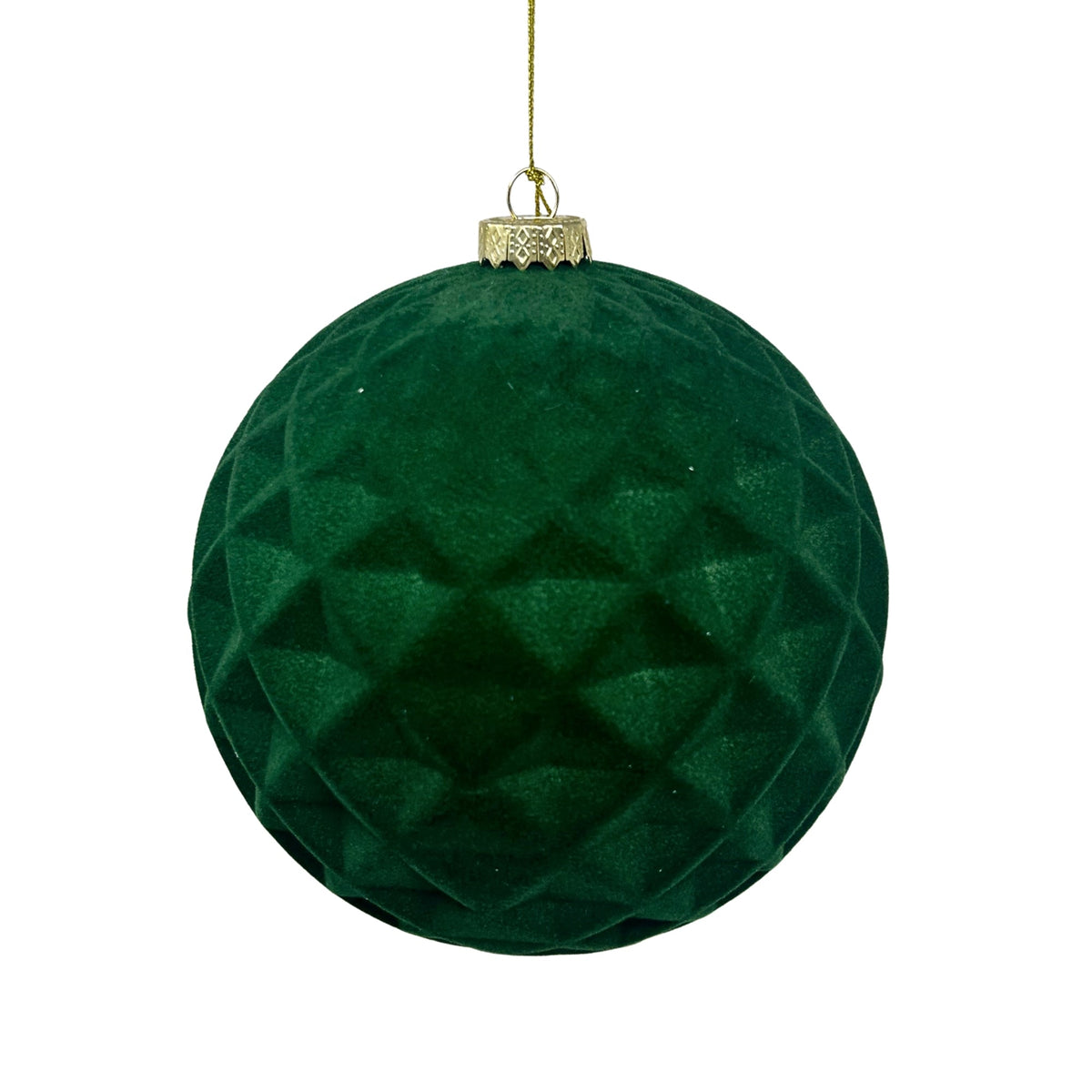 Hunter green flocked diamond ball ornament with a patterned finish.