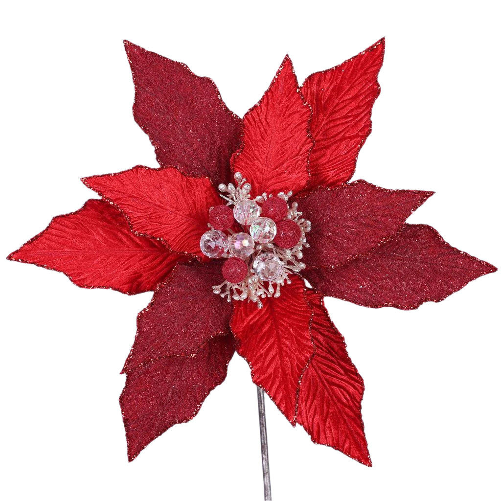 Red festive poinsettia stem with layered bracts.