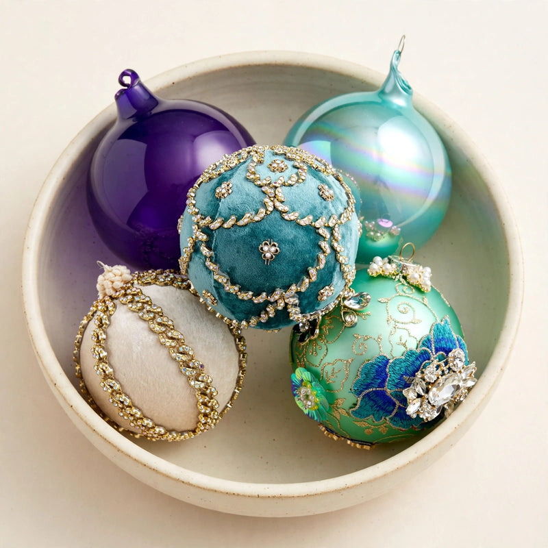 Ball Ornaments - jewel-tone ball ornaments in a cream bowl on warm cream
