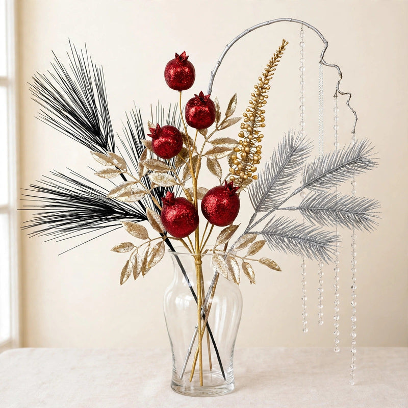 Floral Picks & Sprays collection — pine sprays, pomegranate and beaded sprays on warm cream