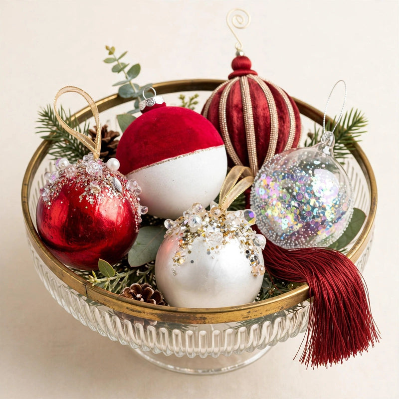 Ornaments collection cover — Deep red bejeweled ball, burgundy velvet tassel ball, red-and-white flock ball, ivory jewel-crowned ball and a clear glistening sequin ball heaped in a brass-rimmed glass compote on warm cream