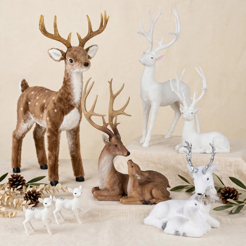 Winter woodland family: tall brown Bambi deer and natural deer-and-fawn beside the white flocked frozen-forest pair, white mother-and-baby and tiny frost fawns in front