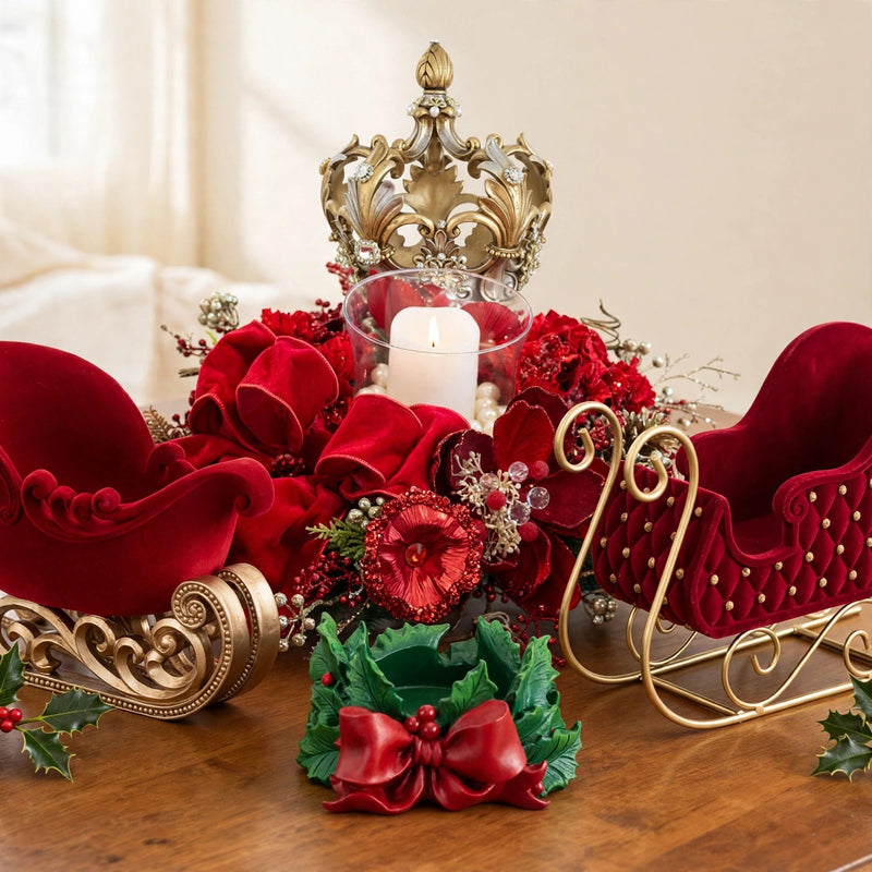Tabletop and Centerpieces collection cover - red sleigh, berry lantern, snowman cake plate, rhinestone crown and rotating base on warm cream