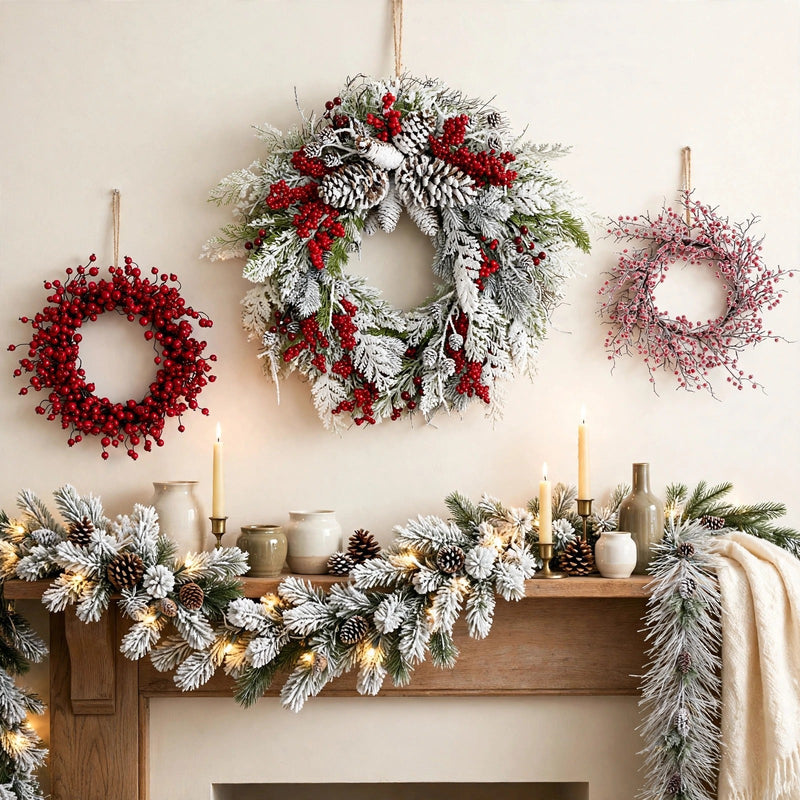 Snow-flocked mantel with pinecone berry wreath, lit flocked garland, cranberry and frosted berry wreaths