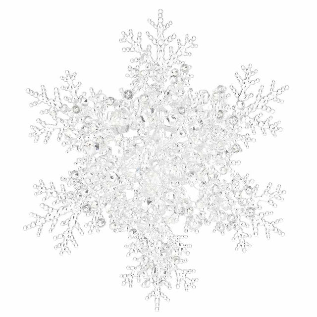 Clear and white beaded snowflake ornament with a jeweled finish.
