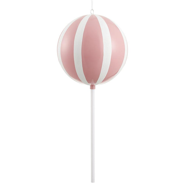 Pink and white lollipop pick with a swirled candy finish.