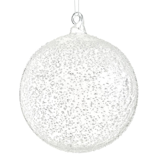 Clear beaded glass ball ornament with fine beadwork.