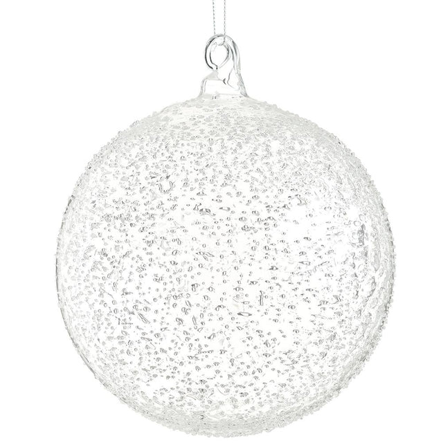 Clear beaded glass ball ornament with fine beadwork.