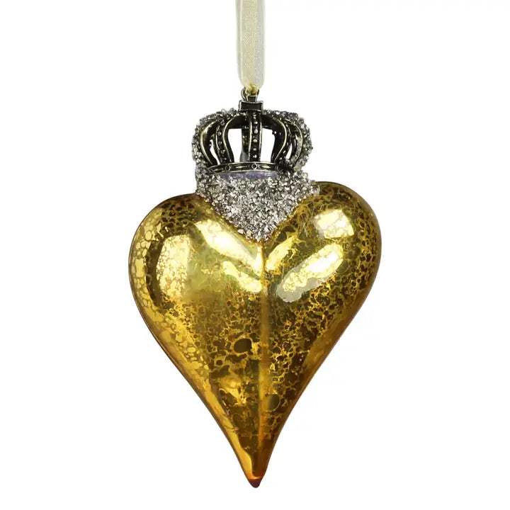4" Gold Crowned Heart Glass Ornament