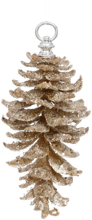 9" Champagne Pinecone Glittered Ornament