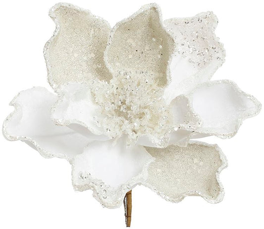 White magnolia clip-on ornament with a generous bloom.