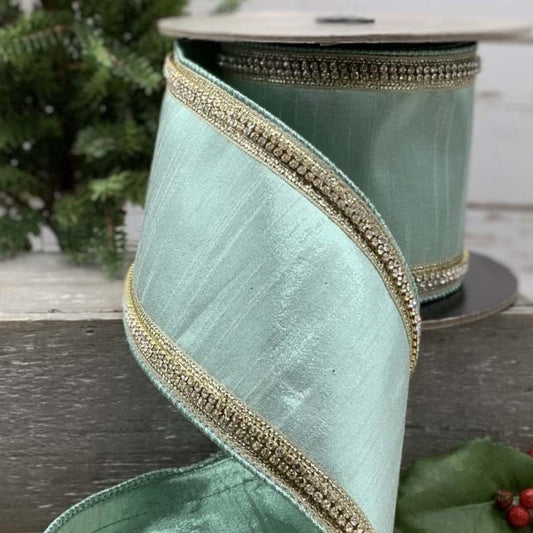 4"x5Y Celadon Faux Metallic Dupion Crystal Side Trim Ribbon