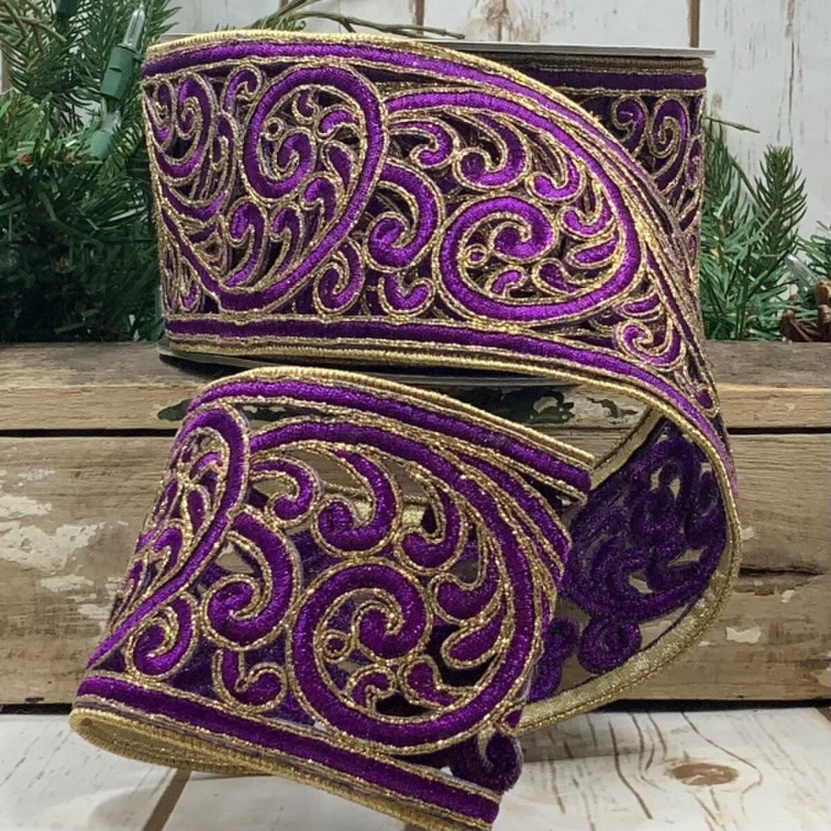 3.5"x10Y Purple Ribbon Metallic Scroll Garland