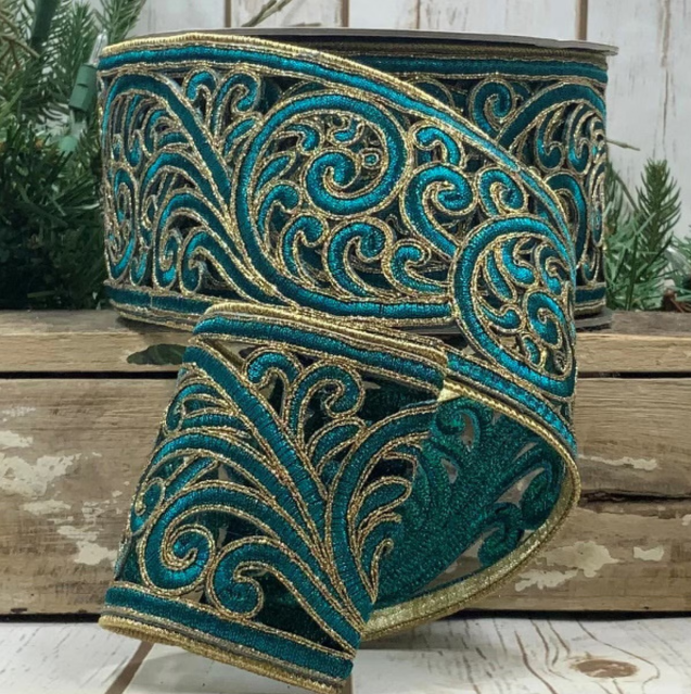 3.5"x10Y Teal Ribbon Metallic Scroll Garland
