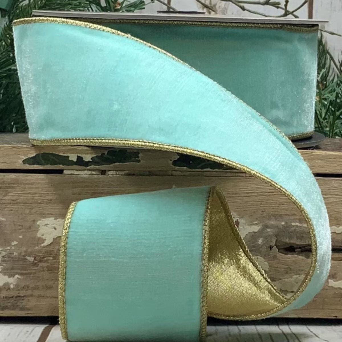 2.5"x10Y Ocean Plush Velvet Ribbon Gold Back