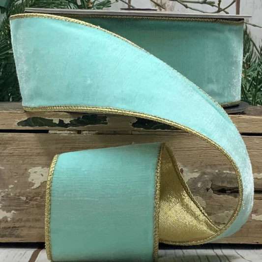 2.5"x10Y Ocean Plush Velvet Ribbon Gold Back