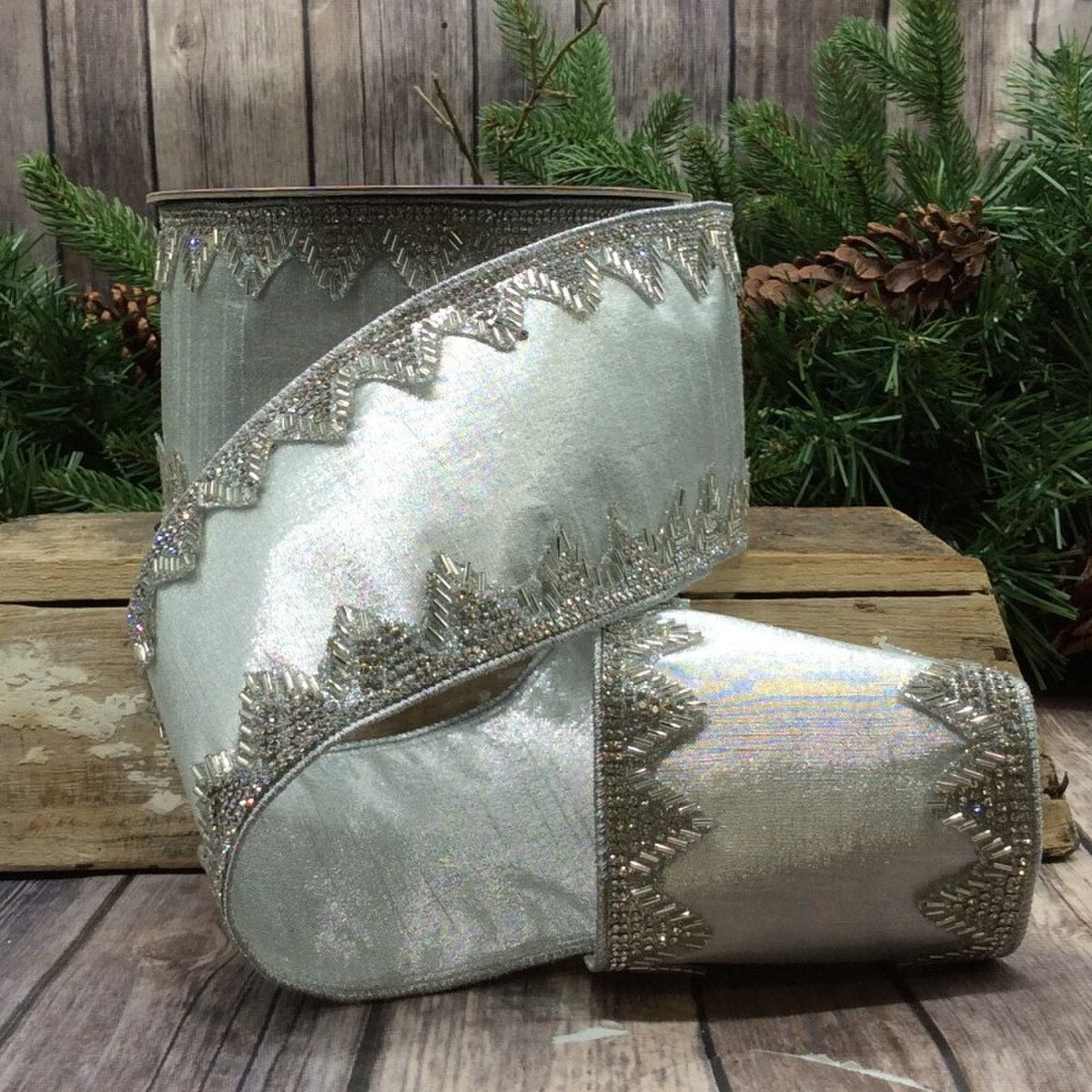 4"x10Y Silver Dupion Metallic Jewel Trim