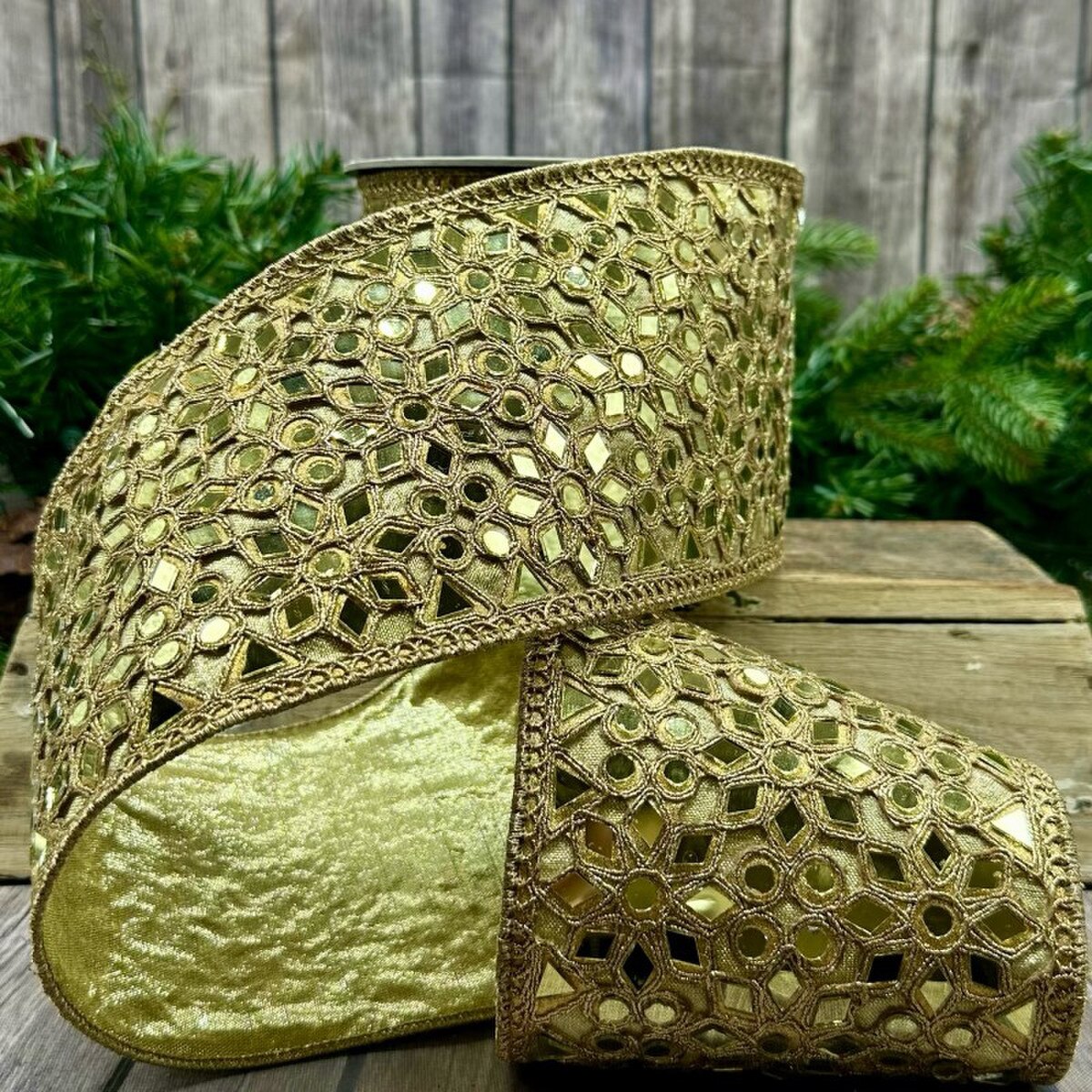 4.5"x5Y Gold Ribbon Metallic Dupion Mirror Floral Mosaic