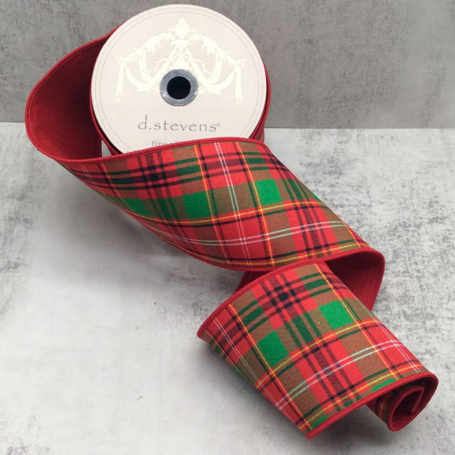 Red ribbon with traditional red and green tartan plaid.