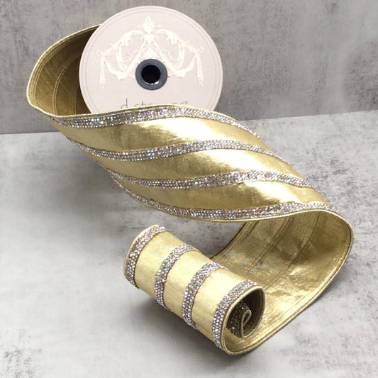 4"x5Y Gold Ribbon Metallic Dupion Clear Crystal Jewel Stripe