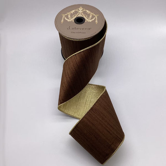 Walnut dupion ribbon with a metallic gold back.