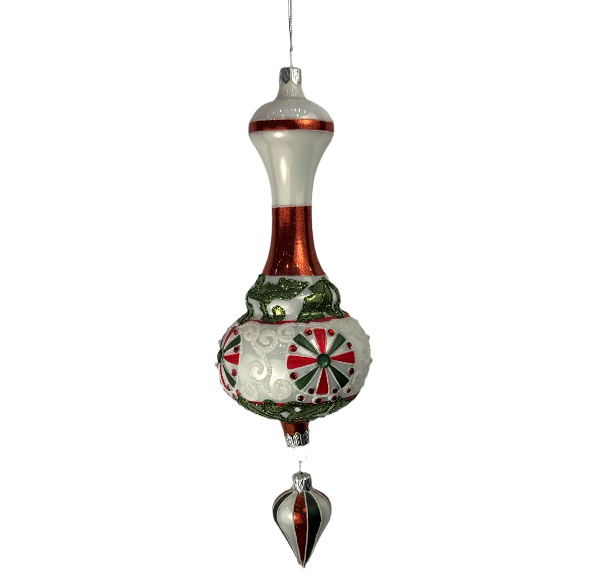 White and red vintage finial ornament with pinwheel medallions.