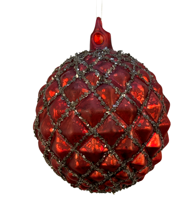 Red pleated glass ornament with a folded surface.