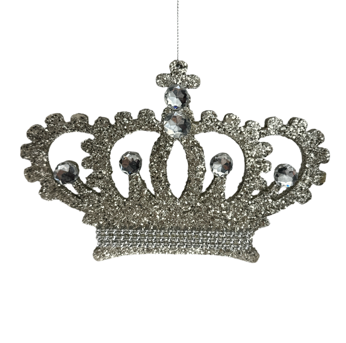 Silver glitter crown ornament, alternate view.