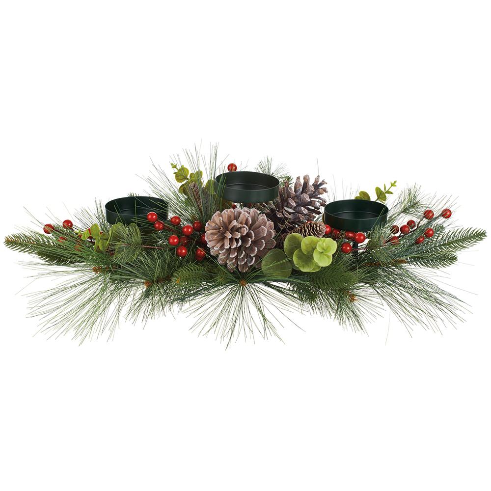 Red berry pinecone centerpiece with three candle holders, 28 inches