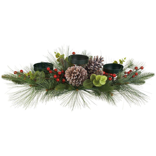 Red berry pinecone centerpiece with three candle holders, 28 inches