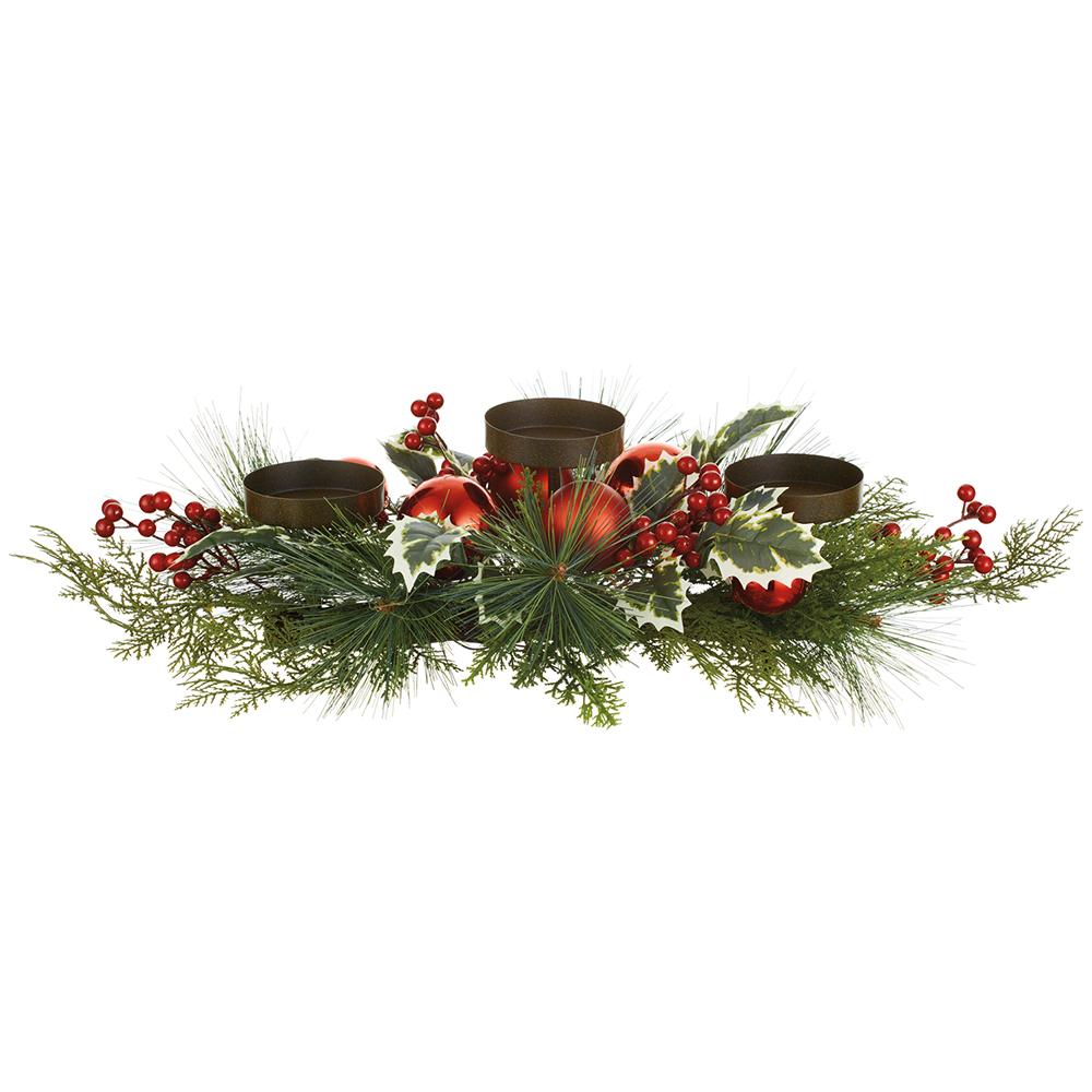 Red green holly tinsel centerpiece with three candle holders, 28 inches
