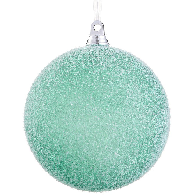 Green snowed plastic ball ornament, 8 inches