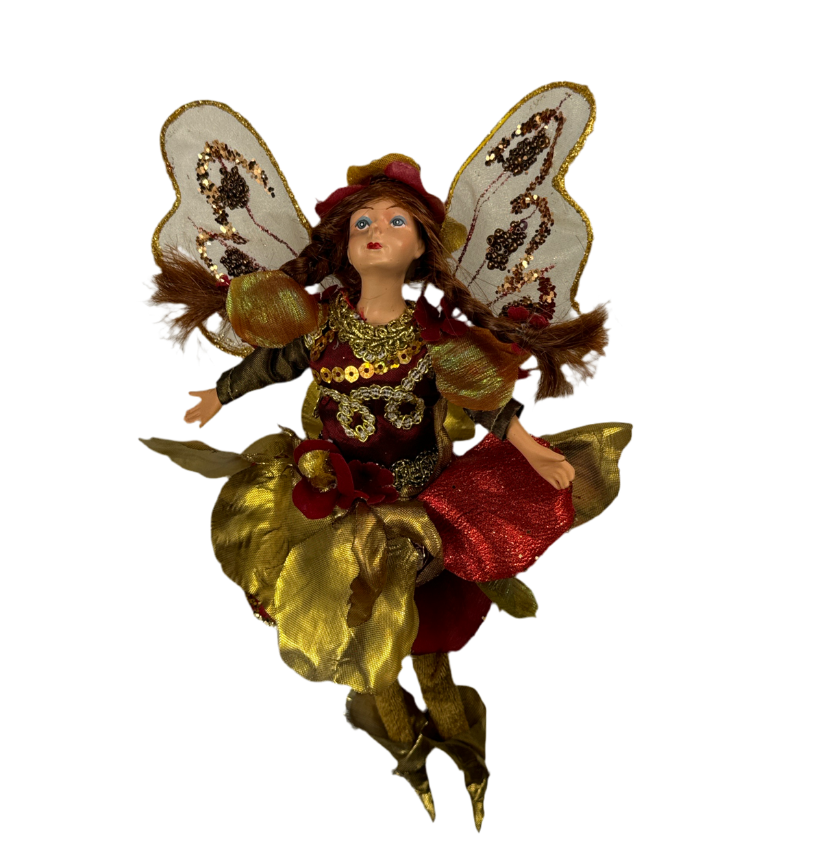 Burgundy gold fairy figurine, 10 inch, for Christmas decorating