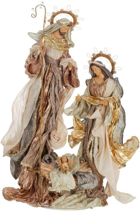 Holy Family nativity figurine in ivory and gold robes with halos.