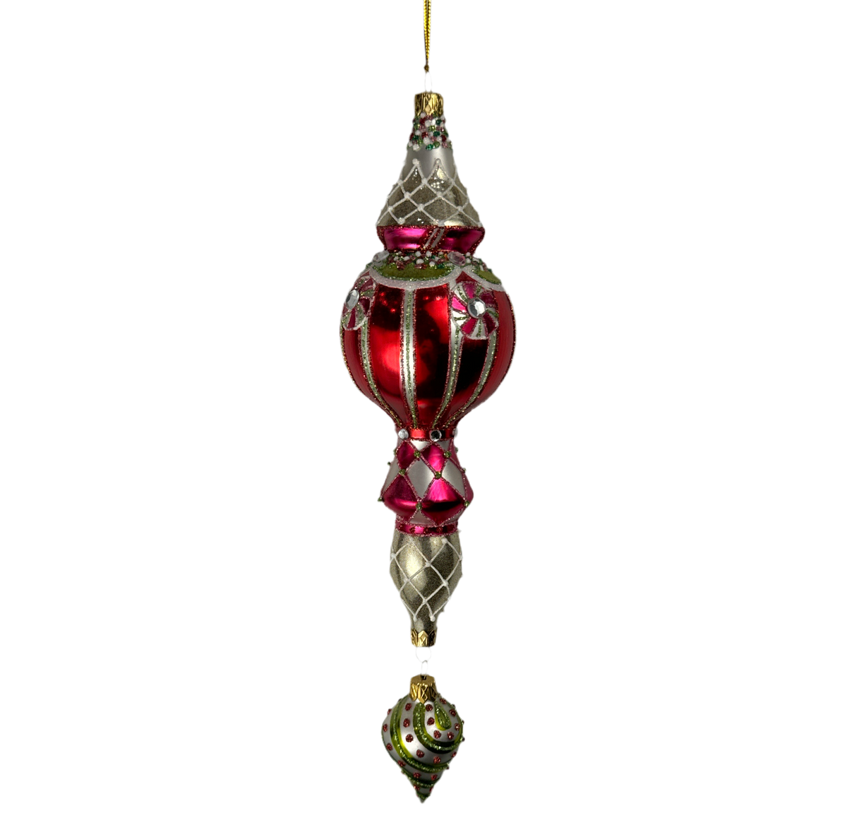 Red and pink faceted vintage finial ornament with jeweled drops.