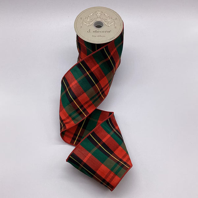 Red and green plaid meadow ribbon in faux dupion, shown as a roll.