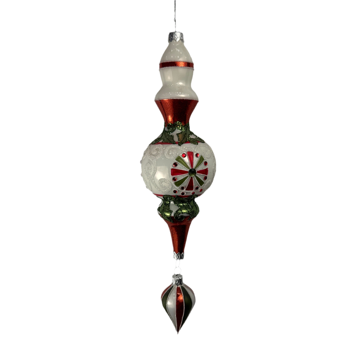 White and red vintage finial ornament with pinwheel medallions, third view.