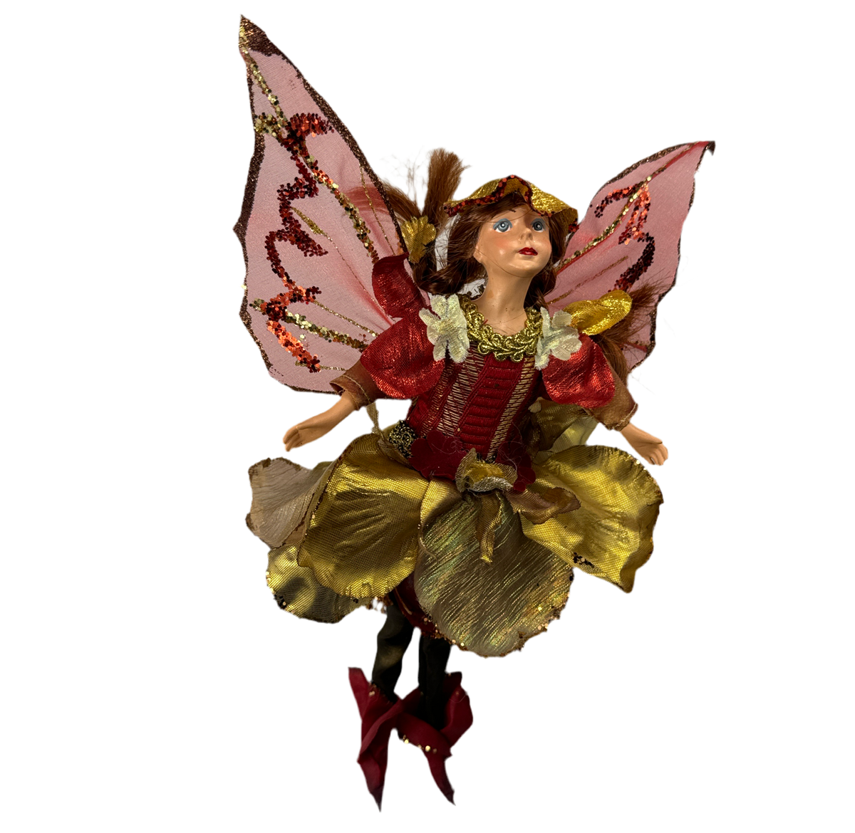 Burgundy gold fairy figurine, 10 inch, for Christmas decorating