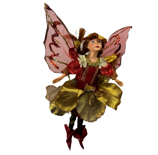 Burgundy gold fairy figurine, 10 inch, for Christmas decorating