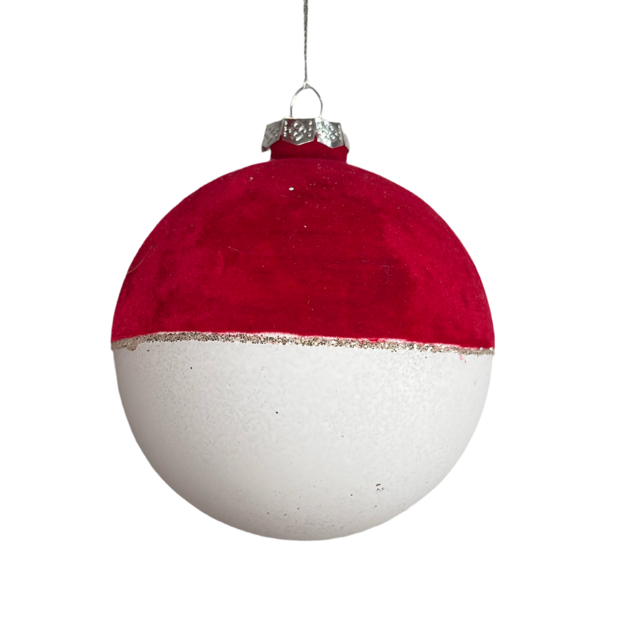 Red and white flocked matte ornament, assorted design.